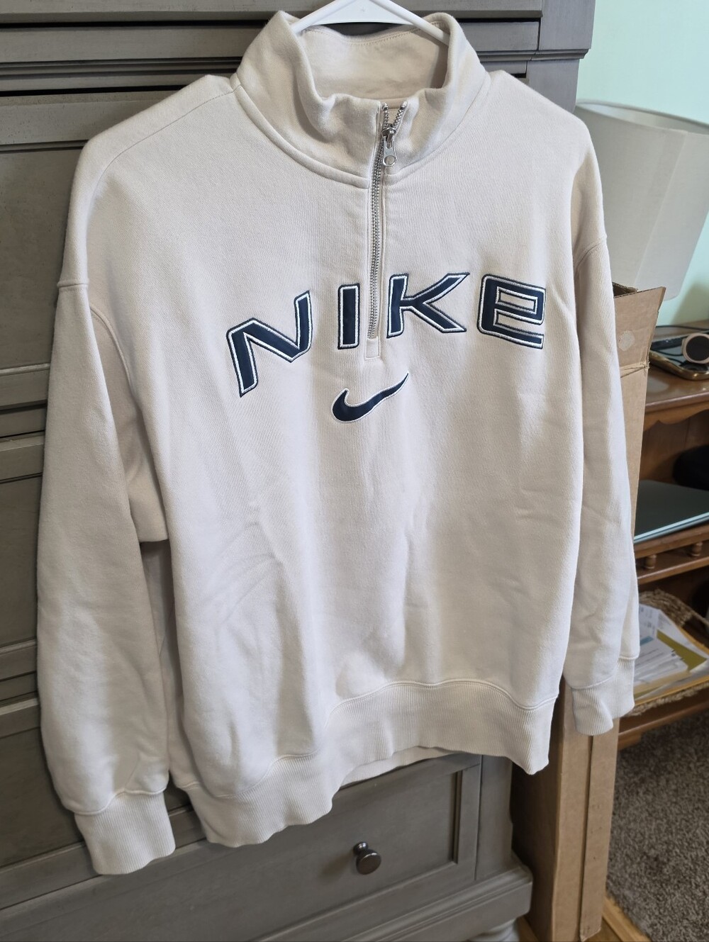 Nike Cream Half-Zip Cowl Neck Sweatshirt with Navy Logo